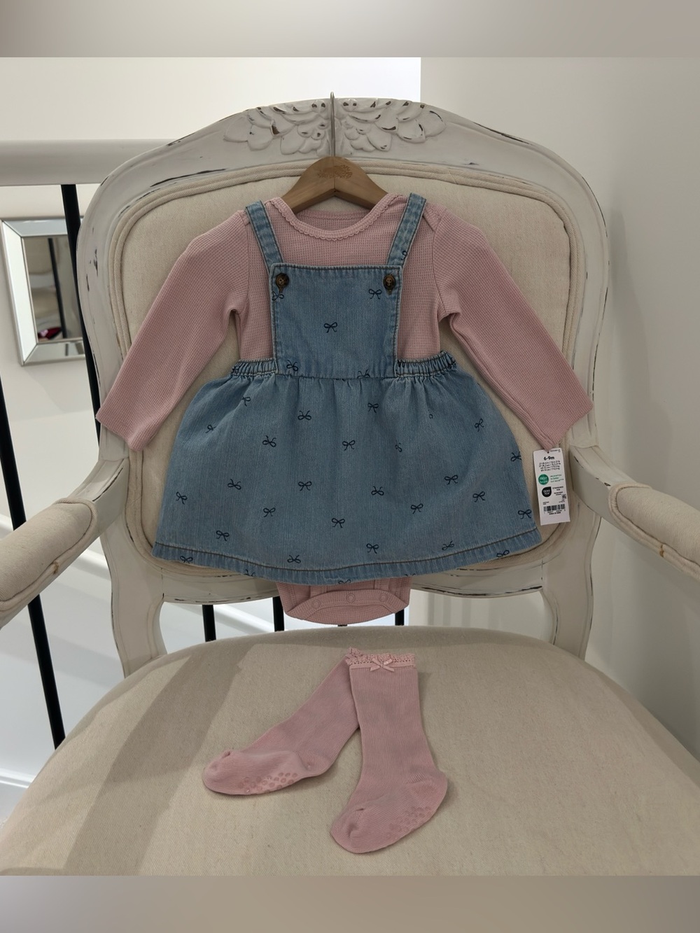 🦢 6~9 Mth Dusty Rose Knit Top & Denim Bow-Print Pinafore Baby Dress 3 pc Set NWT